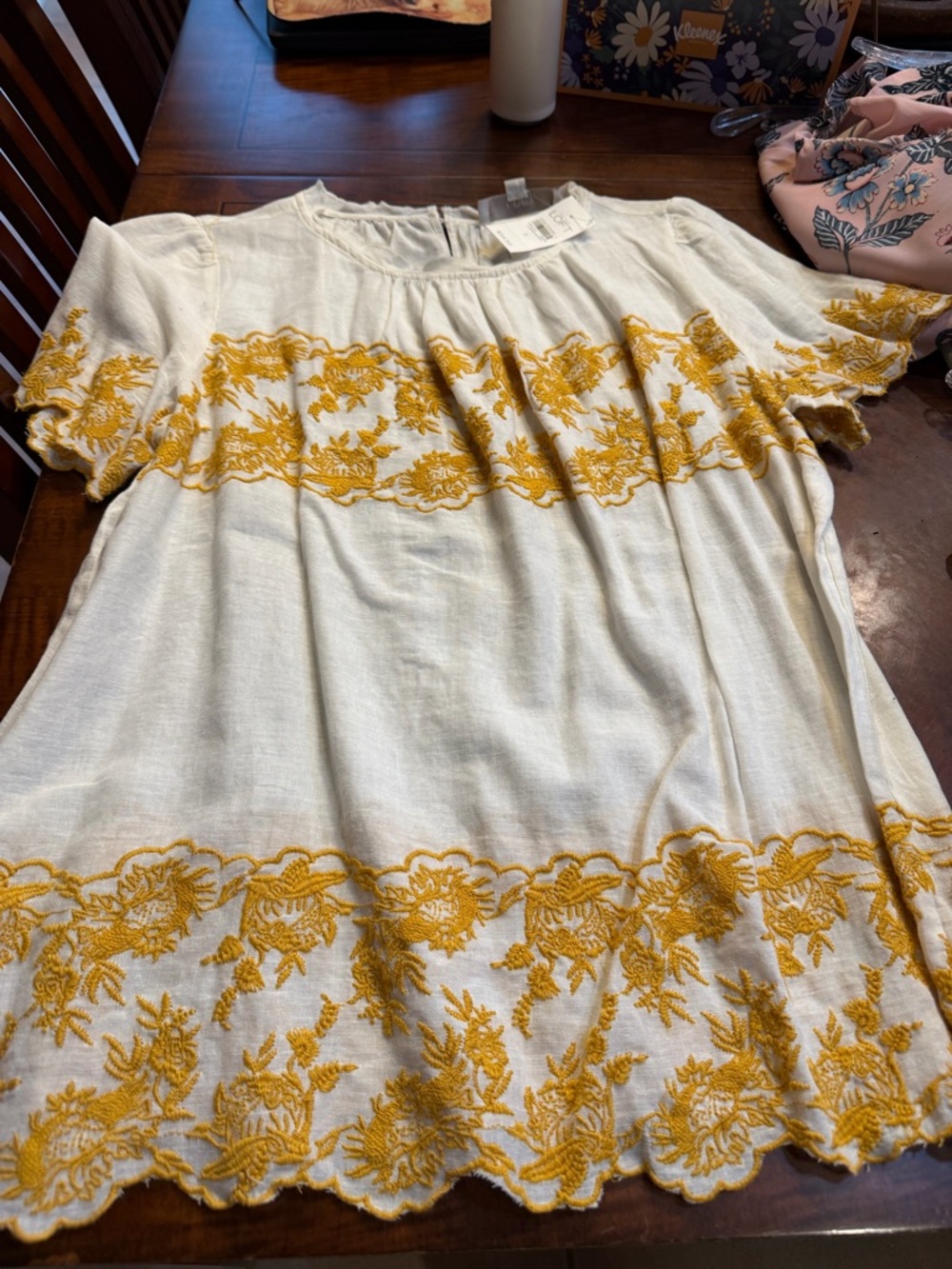 LOFT Cream Peasant Blouse with Yellow Embroidery